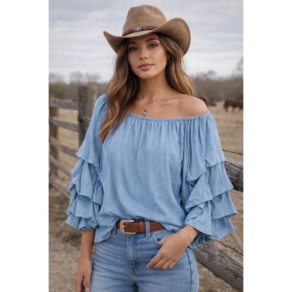 Jane and Delancey Chambray Off Shoulder Top Women's‎ Size S Blue Ruffle Western